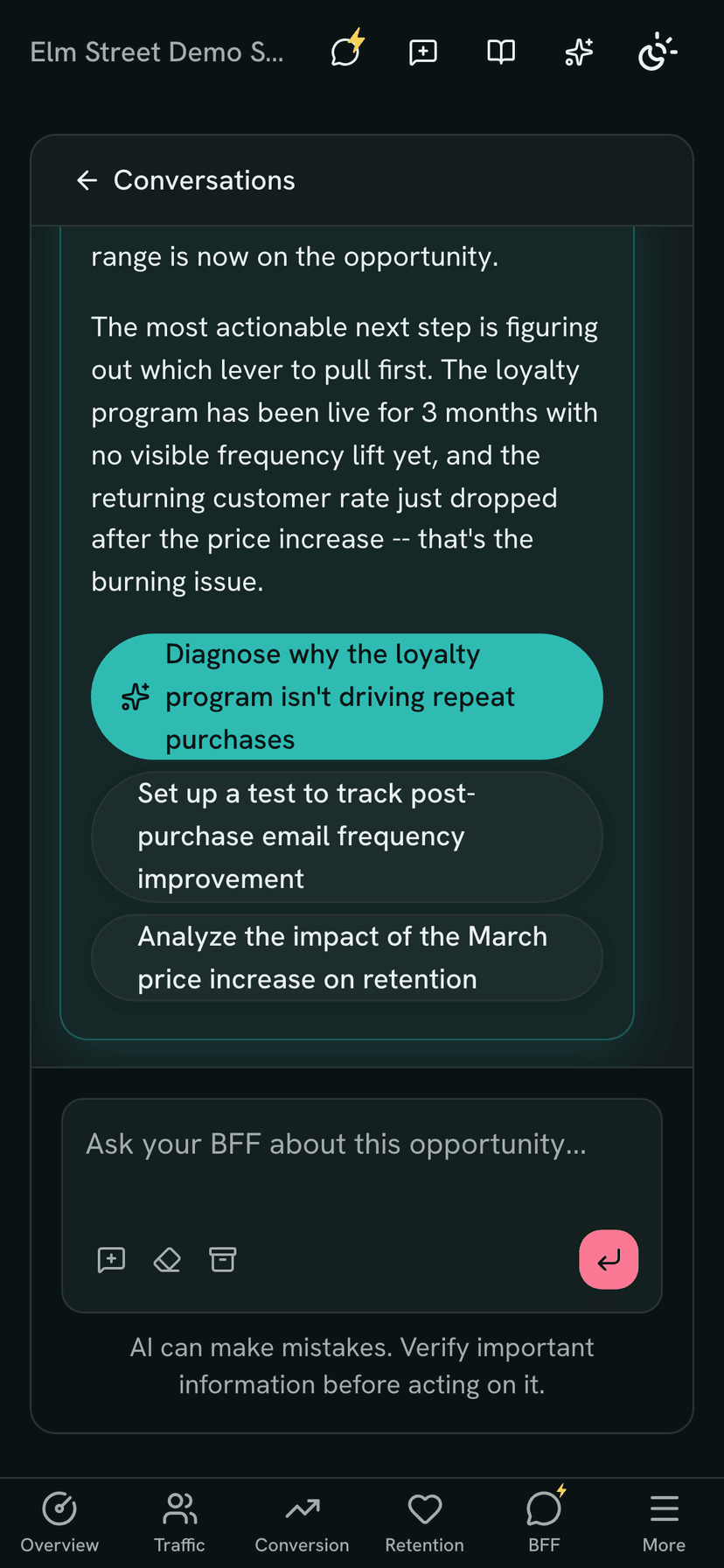 Mobile BFF chat thread diagnosing a lifetime-value gap with a projected revenue impact and next steps