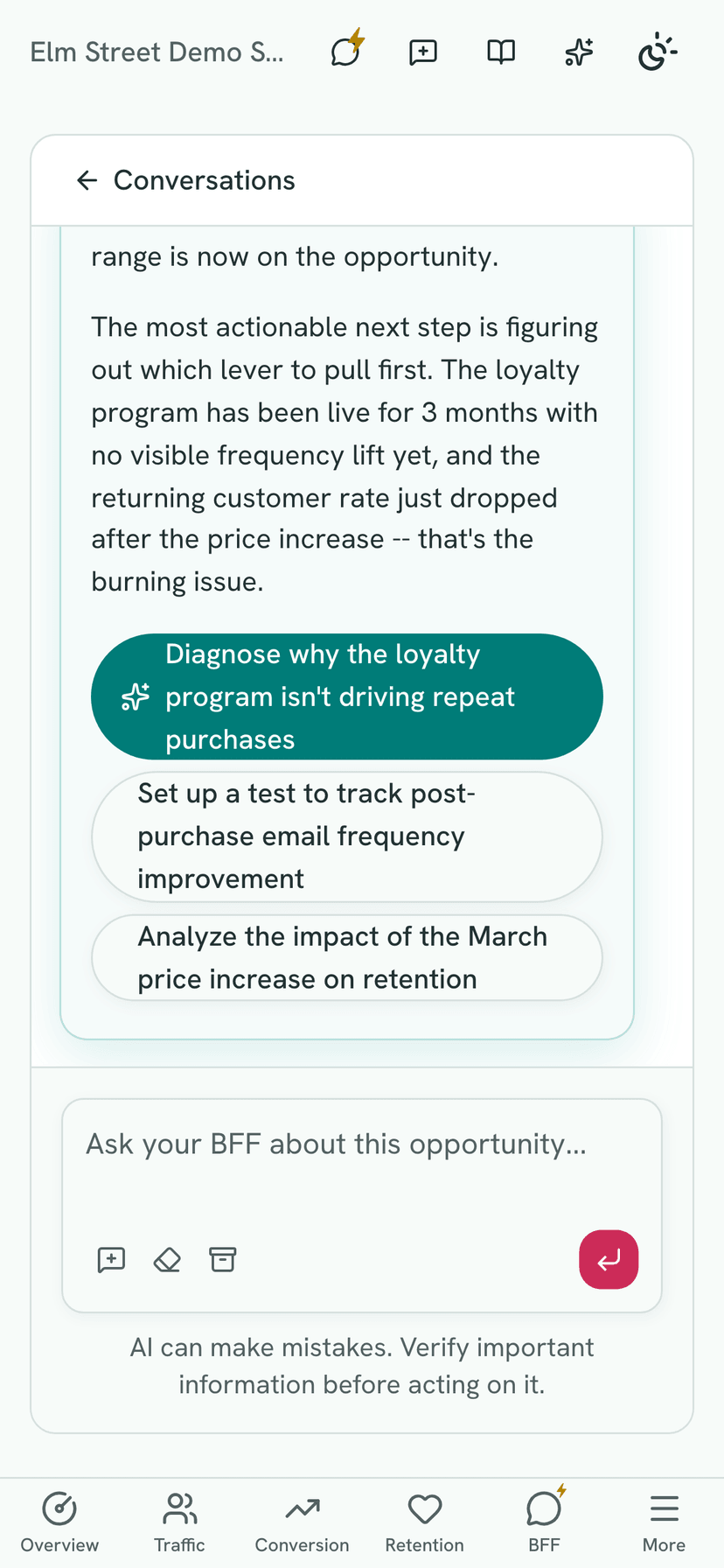 Mobile BFF chat thread diagnosing a lifetime-value gap with a projected revenue impact and next steps