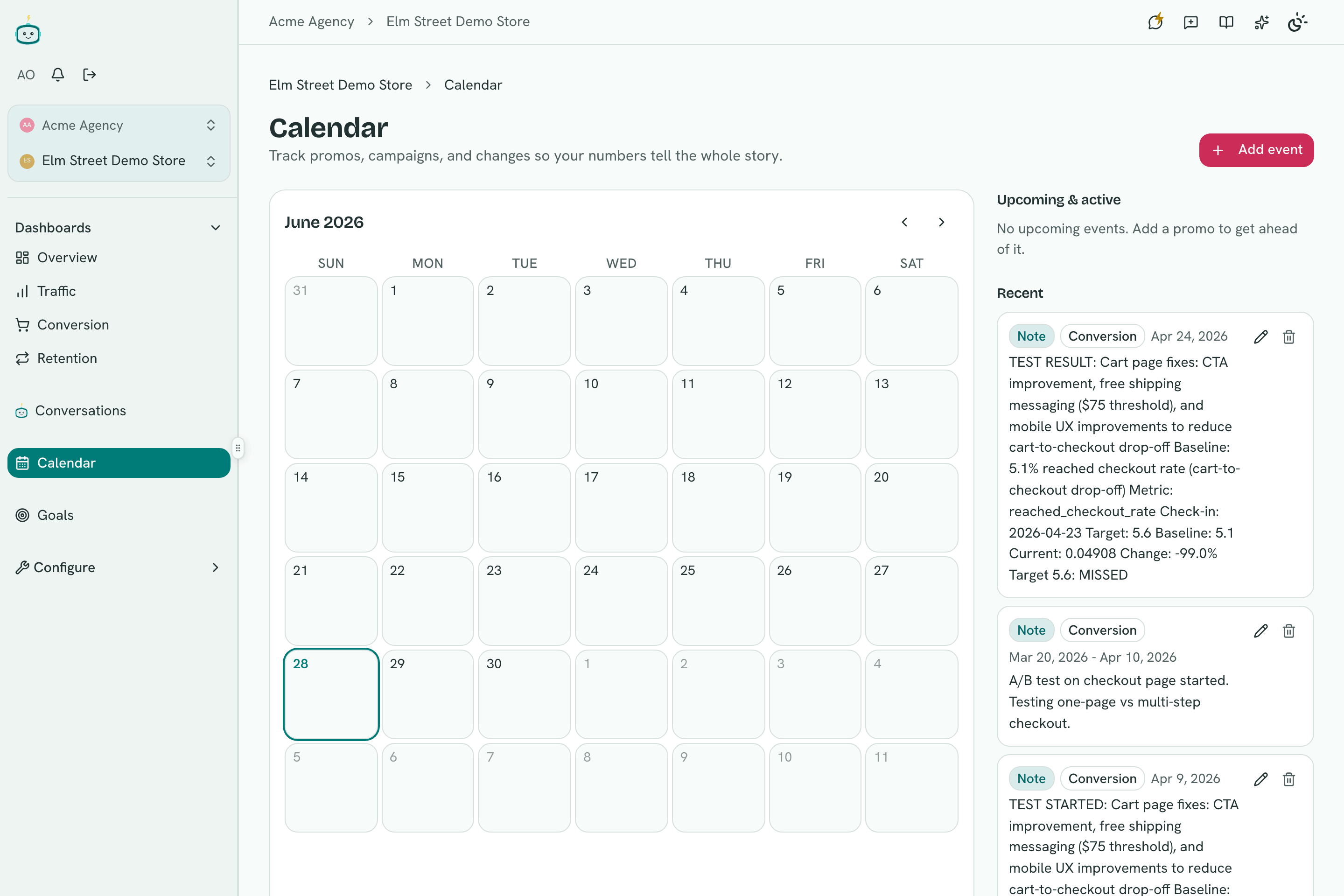 Calendar with a month grid and a Recent notes panel showing dated promo, A/B test, and campaign annotations tied to the performance timeline