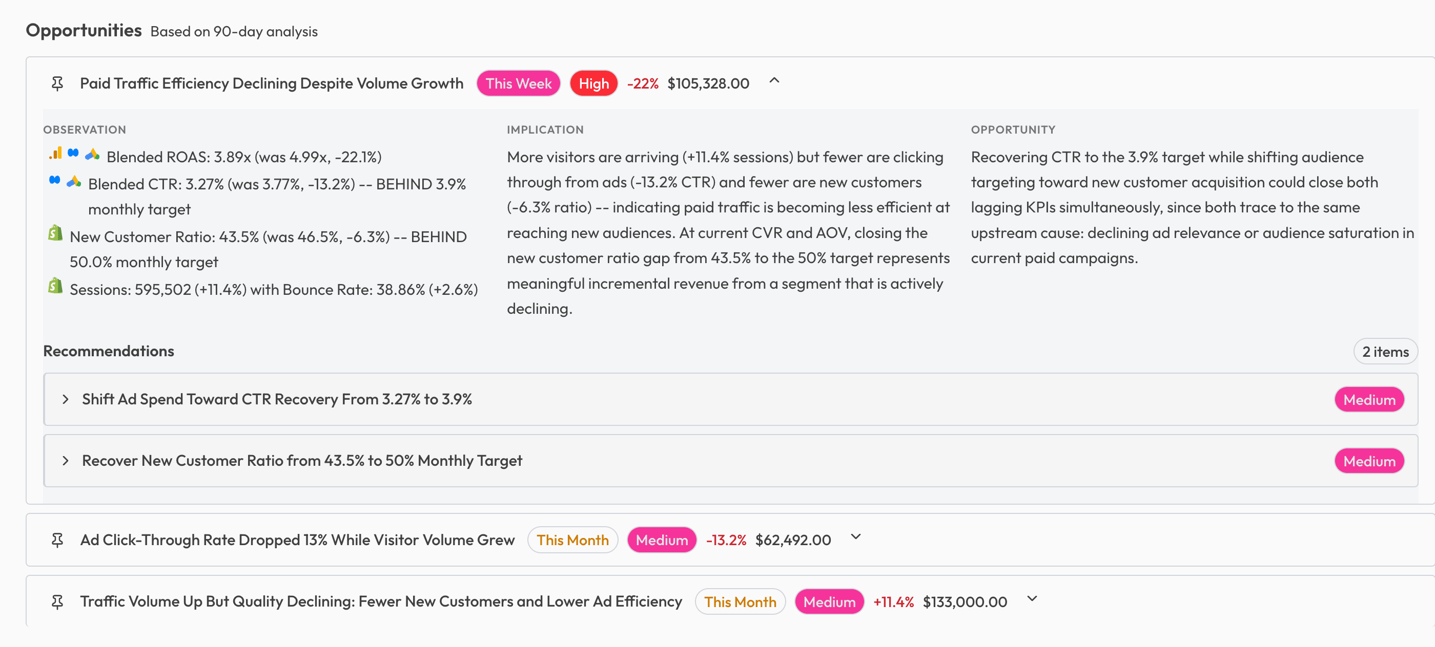 Traffic opportunities showing expanded analysis of paid traffic efficiency with observation, implication, and actionable recommendations