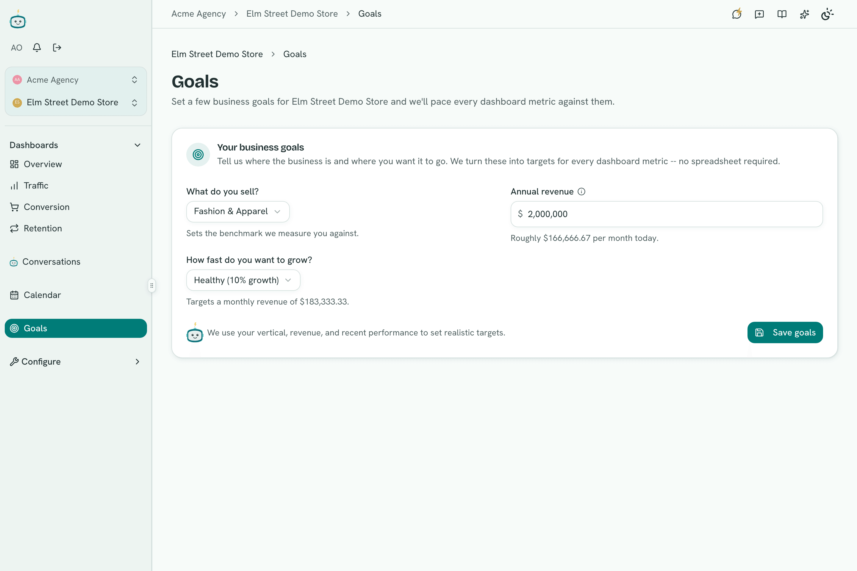 Business goals setup showing vertical, annual revenue target, and growth pace that the platform turns into per-metric monthly targets